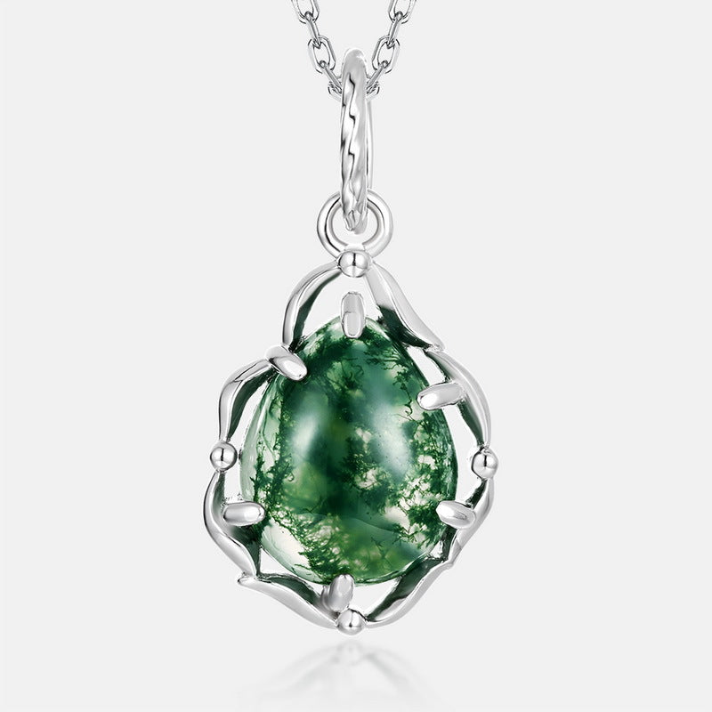 Planderful Jewelry Minimalist Green Moss Agate Pendant Necklace In Sterling Silver Geometric Clavicle Chain