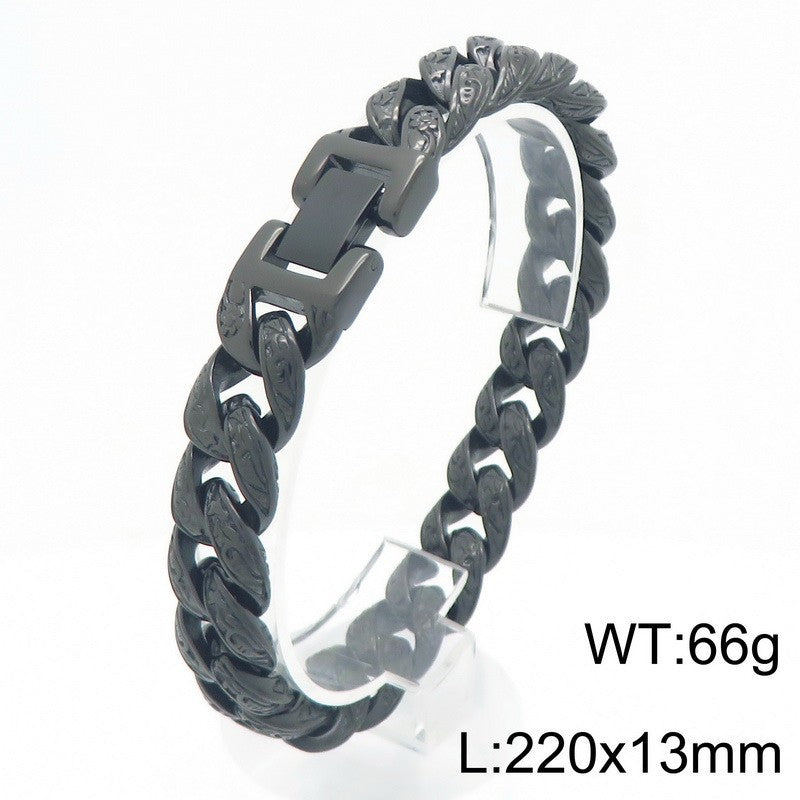 Cast Pattern – Punk Style 13mm Tang Grass Pattern Cuban Chain Titanium Steel Men's Bracelet