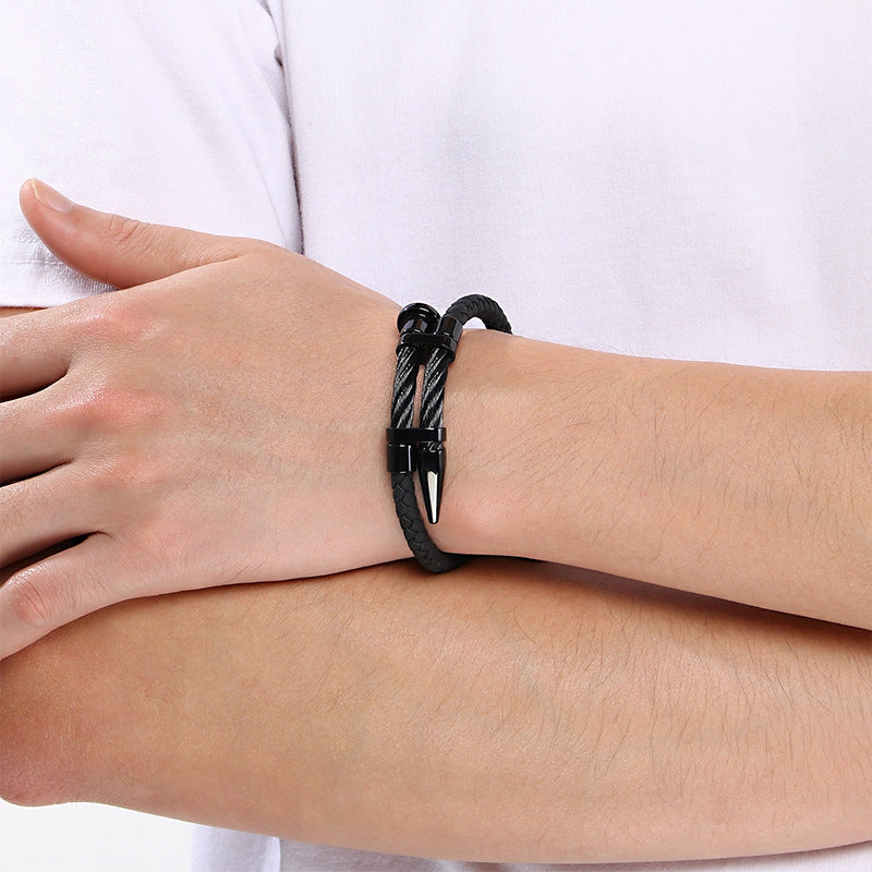 Steel Wire Nails Magnetic Buckle Bracelet – Punk Style Niche Dot Riveted Woven Leather