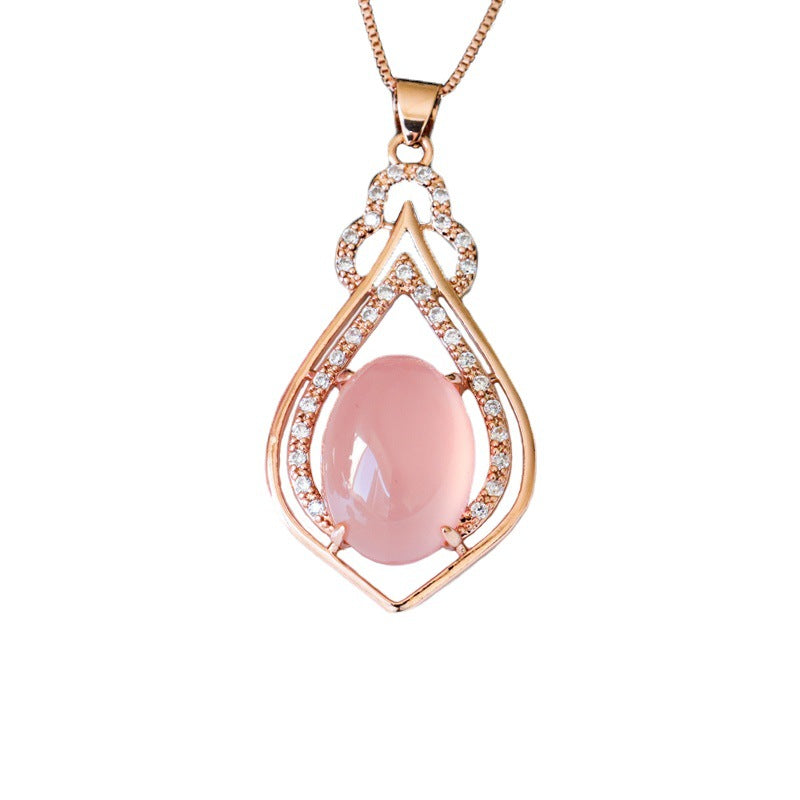 Rose Gold Pendant with Pink and Green Chalcedony Zircon Peach Heart Jewelry