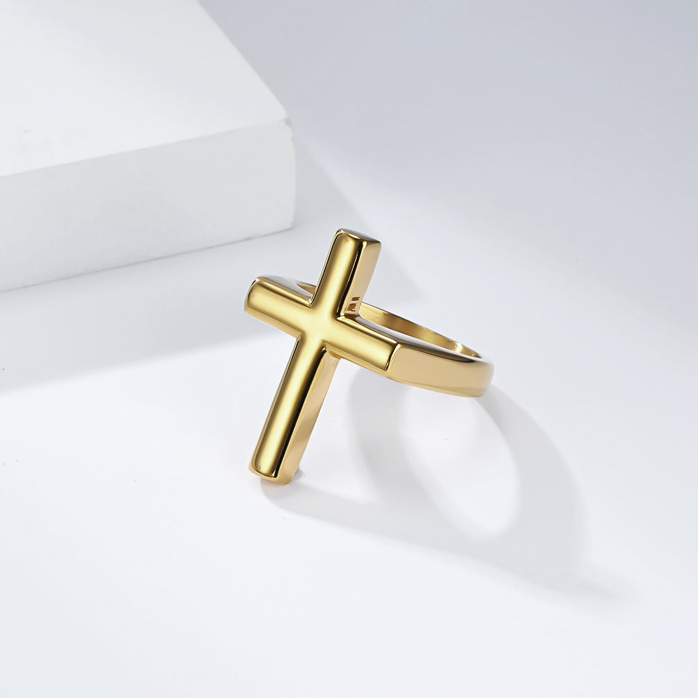 Planderful Everyday Genie Cross Ring for Men Titanium Steel Gold Plated Smooth Surface Street Fashion