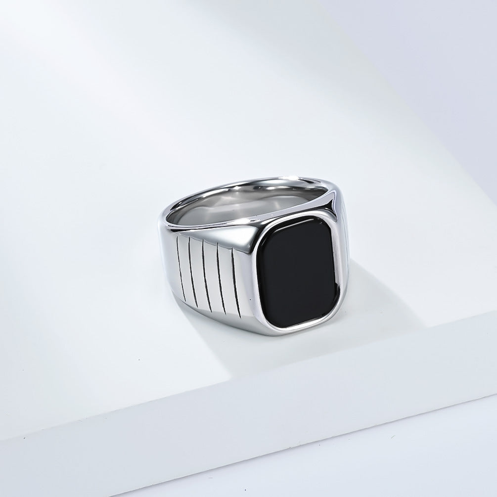 Planderful Men Titanium Steel Ring With Black Glass Gem Minimalist Fashion Ring For Everyday Wear