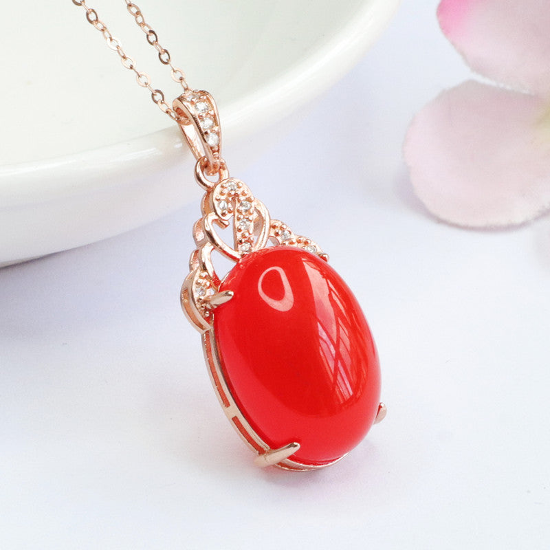 Rose Gold Necklace with Agate Pendant and Zircon Accents