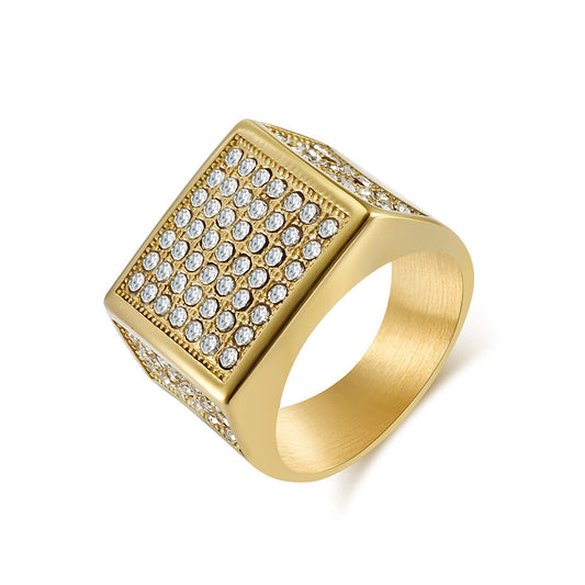 Planderful Mens Hip Hop Titanium Steel Ring Gold Plated Zircon Bold Statement Jewelry For Him