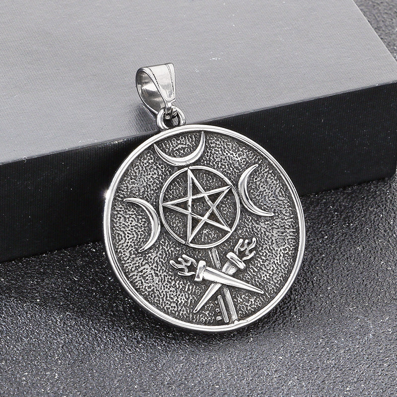 Retro Pentagram Triple Moon Necklace, Gothic Wind Snake Wrapped Pentagram Men's Titanium Steel