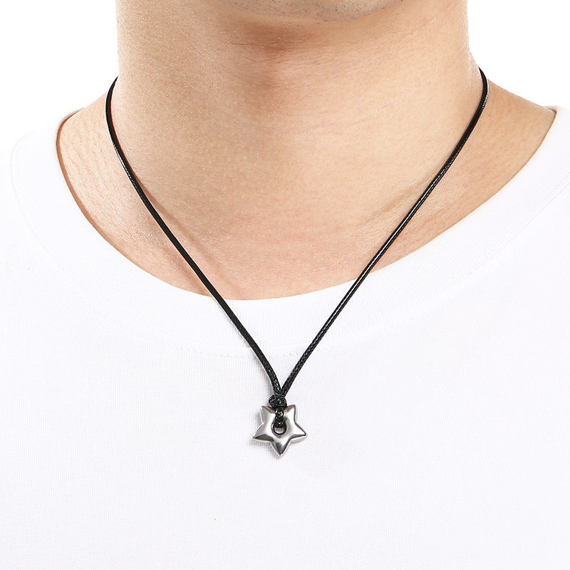 Popular Heart-Shaped Sweater Chain, Creative Wax Rope, Five-Pointed Star Hexagonal Titanium Steel Men's Necklace