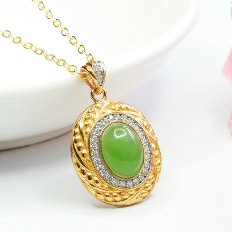 Vintage Antique Necklace with Hotan Jade and Zircon Oval Pendant