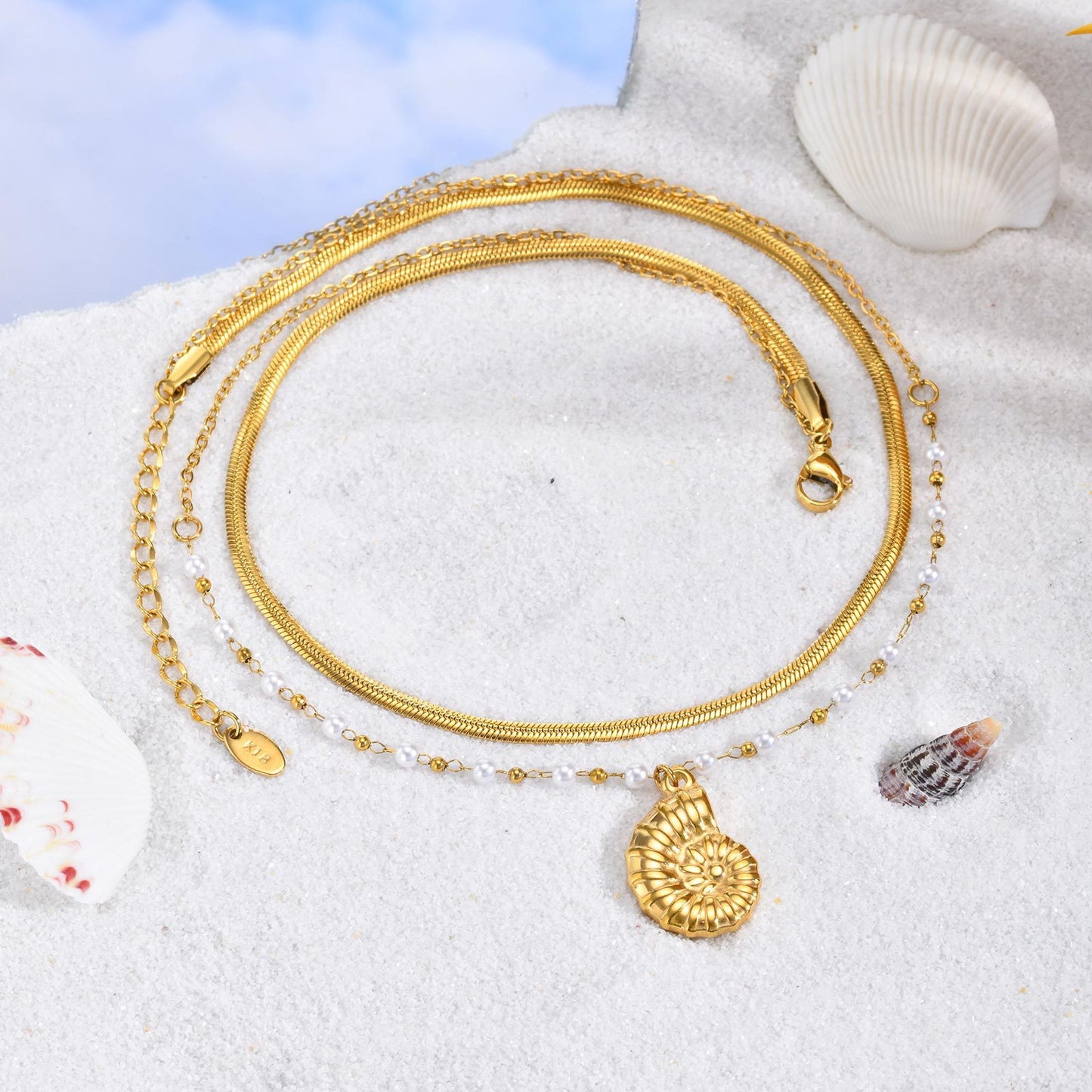 Summer Seaside Vacation Leisure Ocean Wind Stainless Steel Conch Double Layer Stacked Necklace