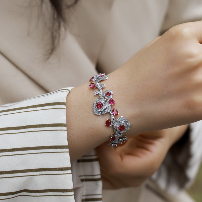 Planderful Gala Fireworks – Cross-border New Light Luxury Retro Pigeon Blood Red Lab Grown Ruby Bracelet S925 Sterling Silver Rose Colored Treasure Jewelry Women