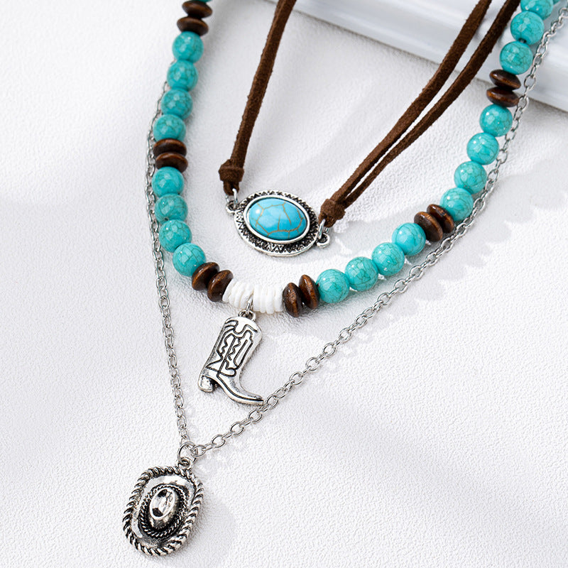 Planderful Vienna Verve Necklace – Retro Metal Design with Turquoise Pendant