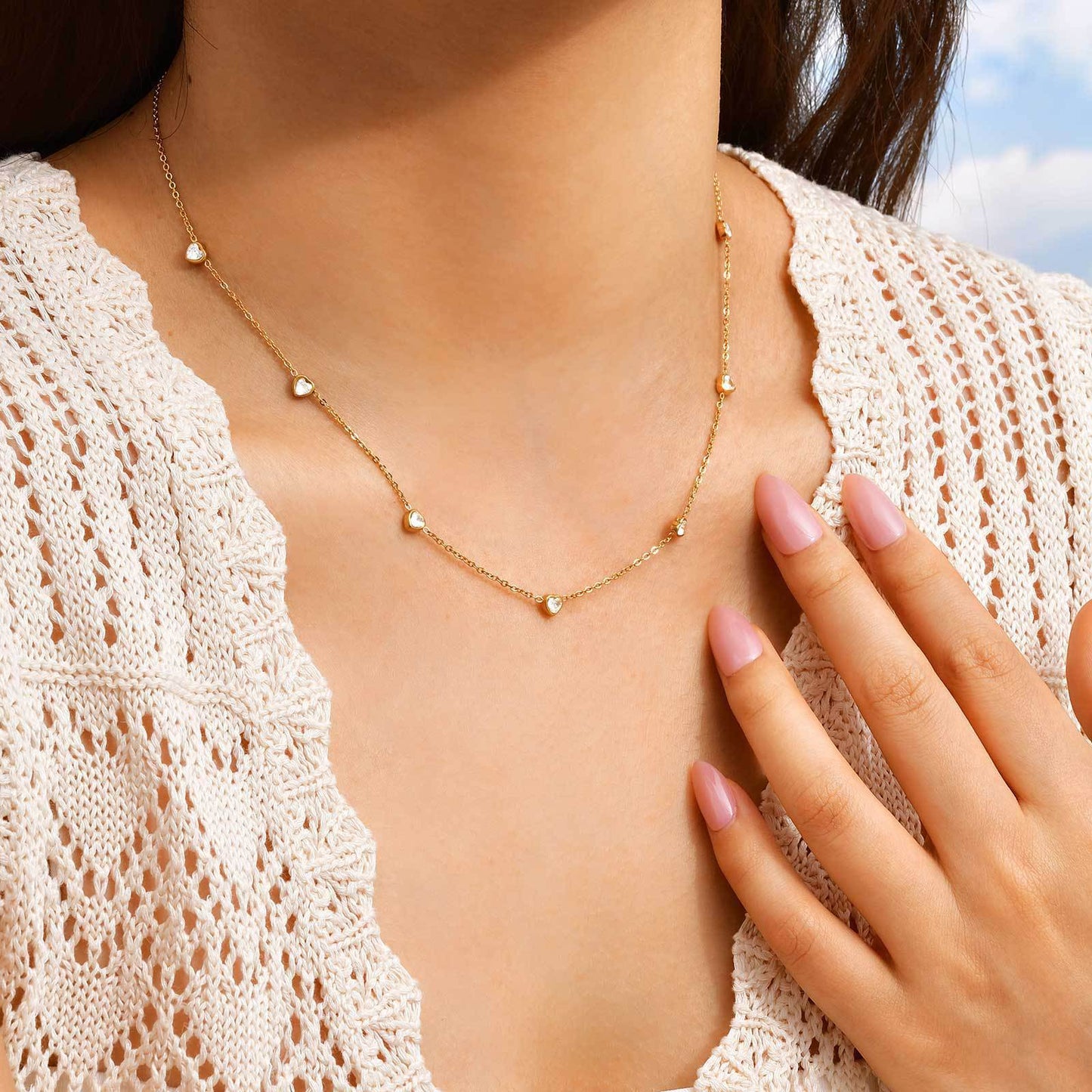 Stainless Steel Heart-Shaped White Zircon Flat Cross Chain Cold Wind Necklace Gold