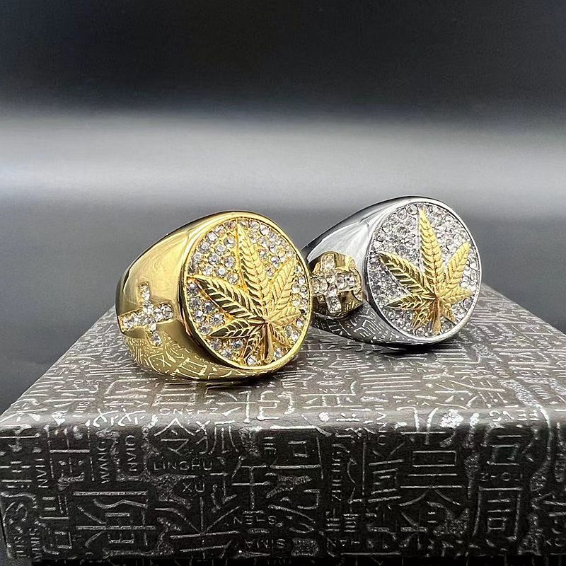 Planderful Collection Hip Hop Titanium Steel Ring For Men Gold Maple Leaf Rhinestone Cross