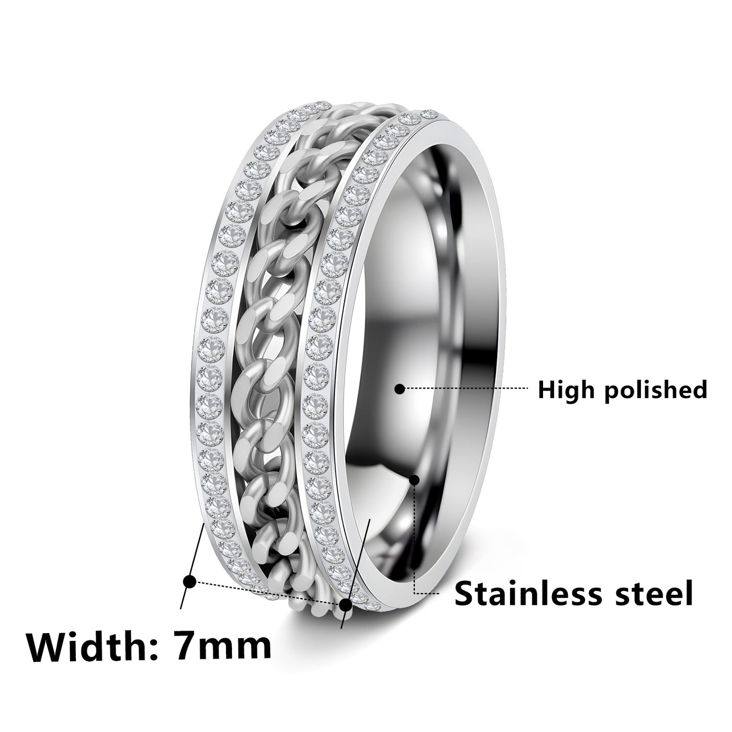 Planderful Everyday Genie Stainless Steel Rotatable Chain Double Row Zircon Couple Ring For Unisex