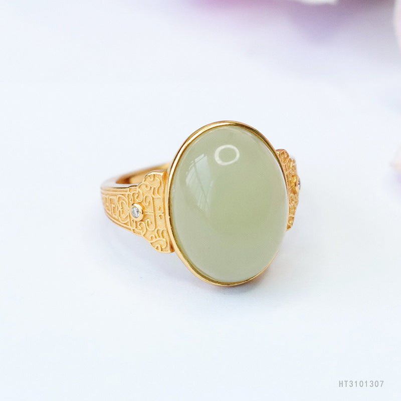 925 Sterling Silver Hetian Jade Greek-Key Ring