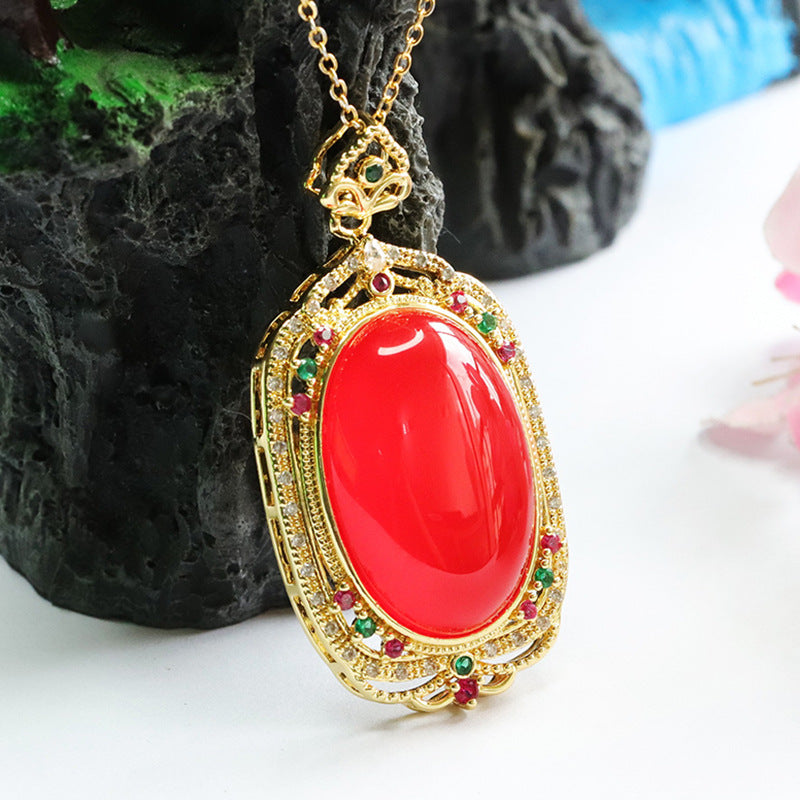 Oval Blood Red Agate Hollow Pendant