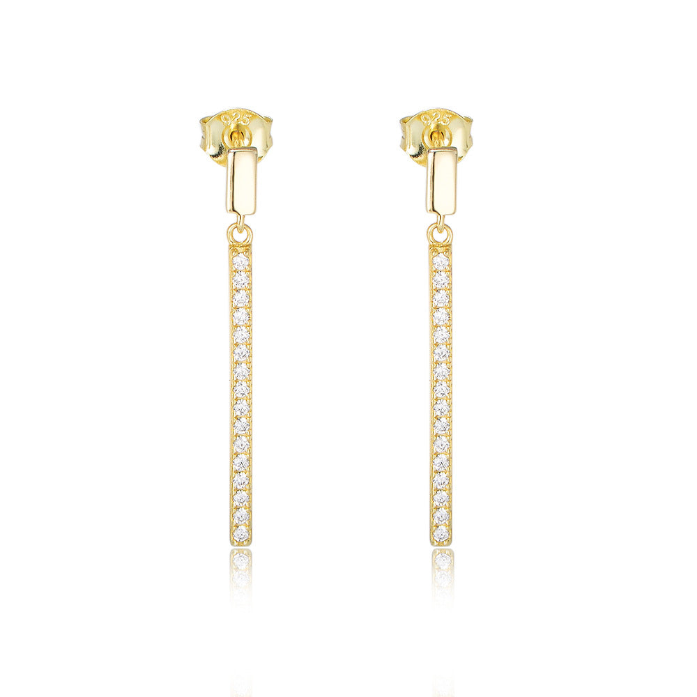 S925 Sterling Silver Geometric Rectangle Single-Row Zircon Long Fringed Earrings Stud Earrings