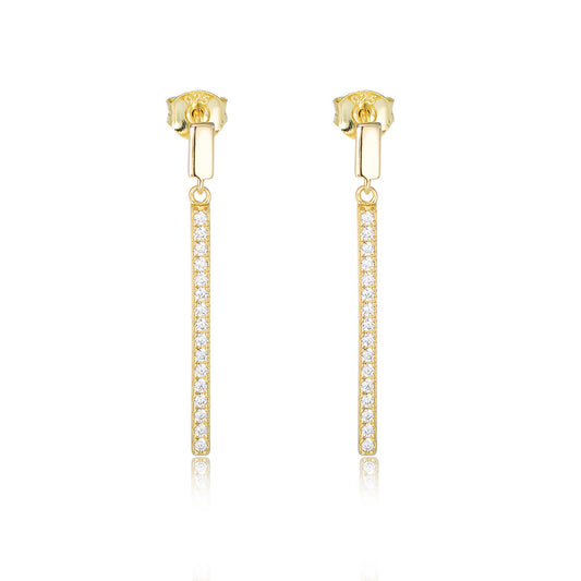 S925 Sterling Silver Geometric Rectangle Single-Row Zircon Long Fringed Earrings Stud Earrings