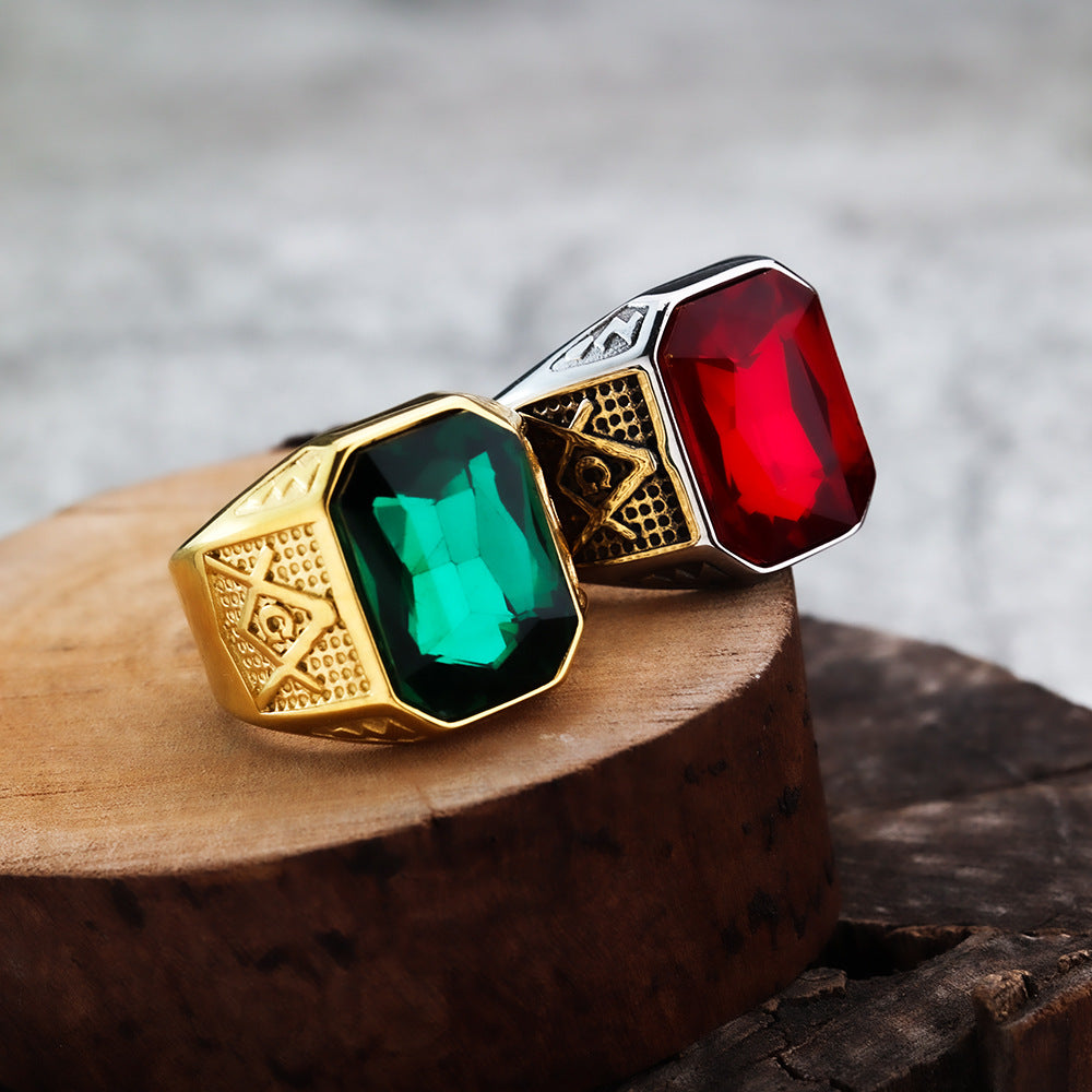 Cross-Border New Products European and American Style Ring AG Masonic Stone Men's Ring Stainless Steel Jewelry Wholesale