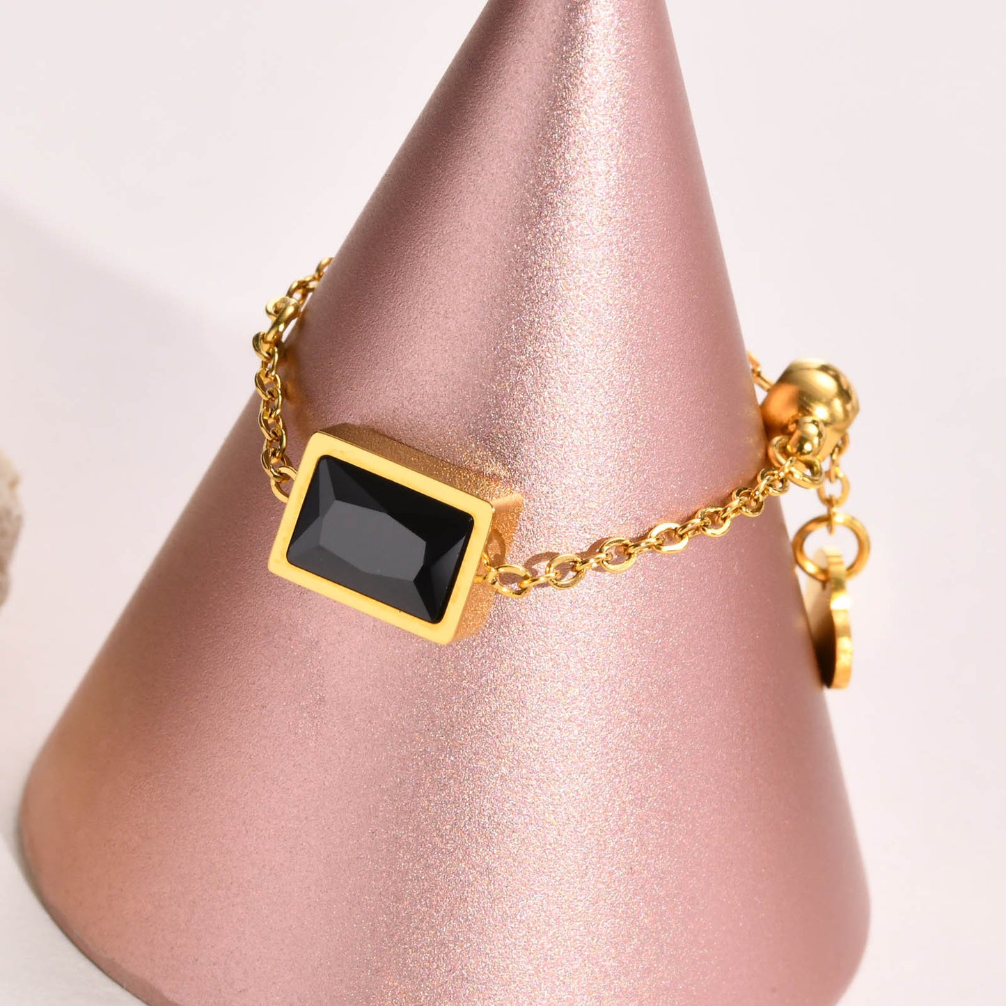 Titanium Steel Chain Ring Green Zircon Adjustable Black Ring