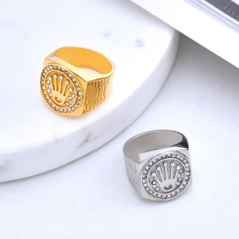 European and American Personality Retro Hip Hop Zircon Crown Men's Titanium Steel Ring With Zircon Detail