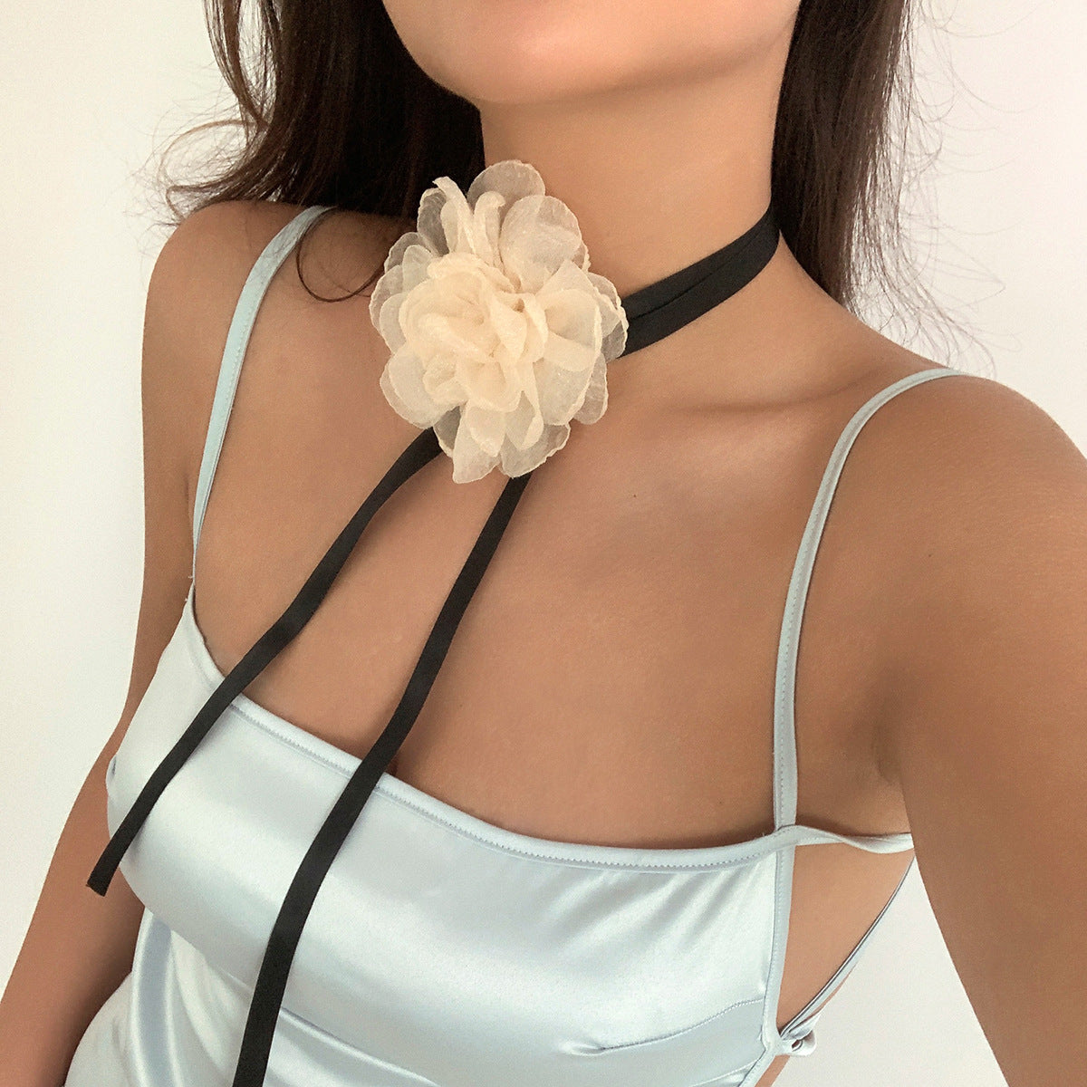 Exquisite Handmade Mesh Flower Choker Necklace with Custom Ribbon Closure, Large Blossom, High-Quality Imported Jewelry