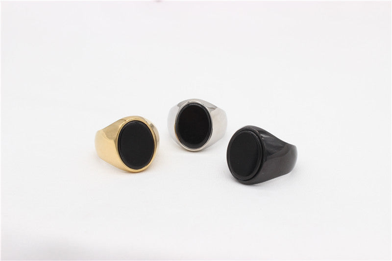Planderful Titanium Steel Ring Oval Black Stone For Men Unisex Protection Statement