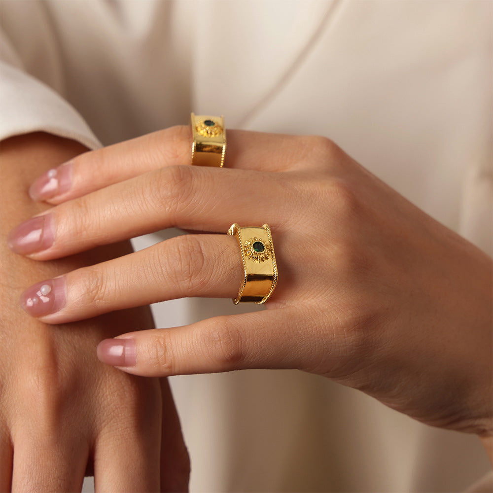 Courtly Elegance: Gold-Plated Zircon Open Ring in Titanium Steel