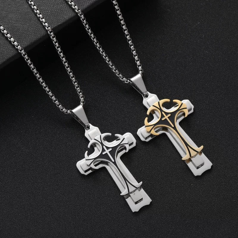 Planderful Titanium Steel Mens Cross Necklace Trendy Sweater Chain Hip Hop Pendant
