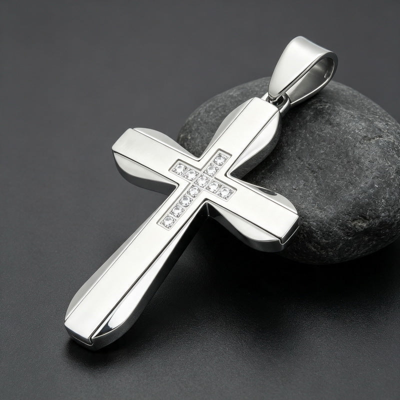 Hip Hop Rock Double Contrast Color Zircon Cross Titanium Steel Pendant Back Stainless Necklace