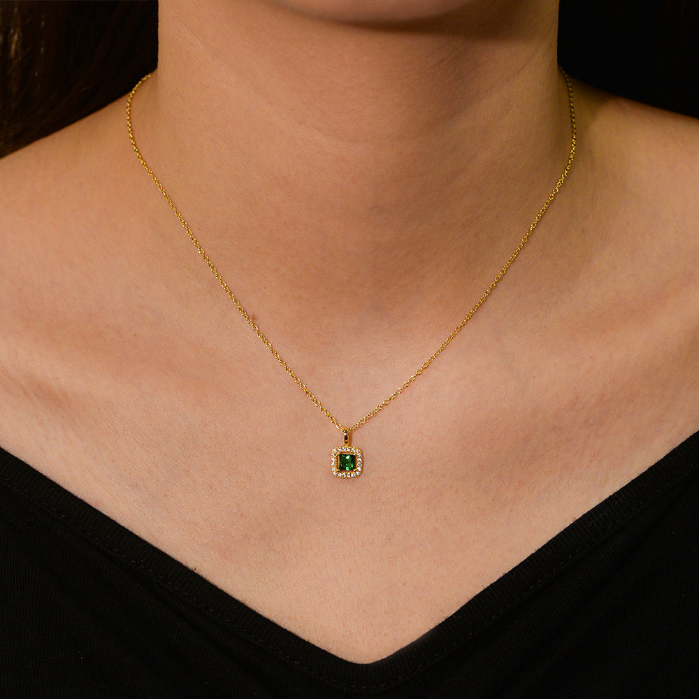 S925 Sterling Silver Square Emerald Zircon Pendant Necklace Retro Style