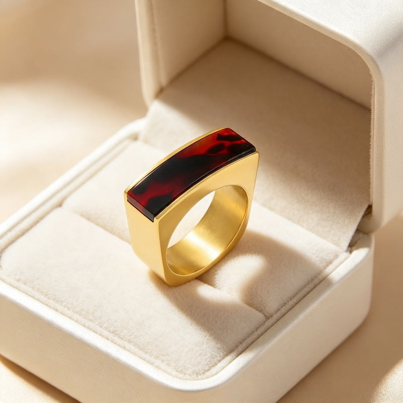 Retro Square Resin Patch Ring, Medieval Women's Stainless Steel Ring