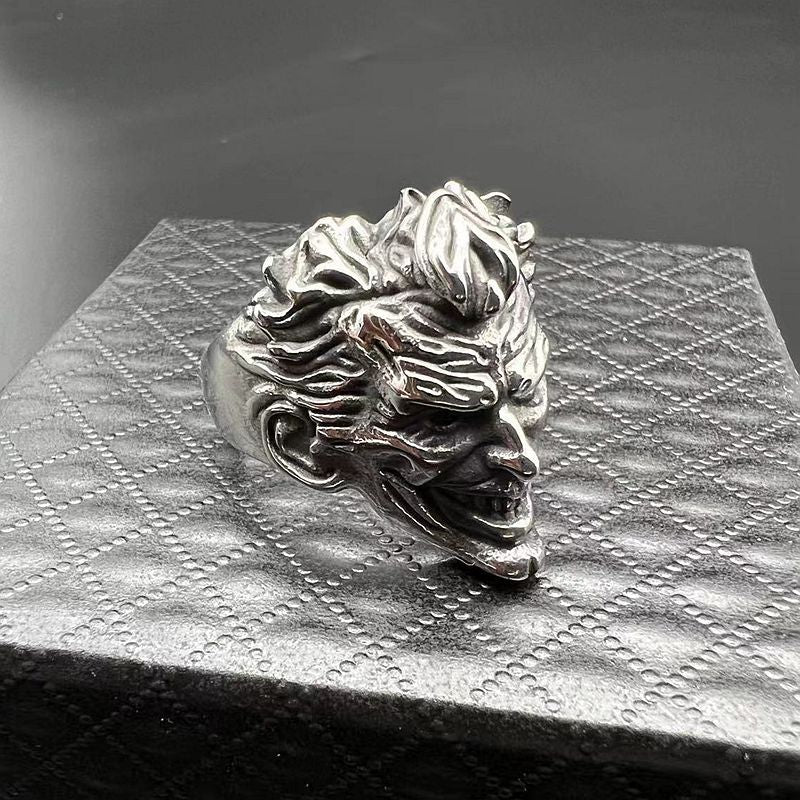 Planderful Punk Ring Clown Head Stainless Steel Three Dimensional Engraving Mens Ring