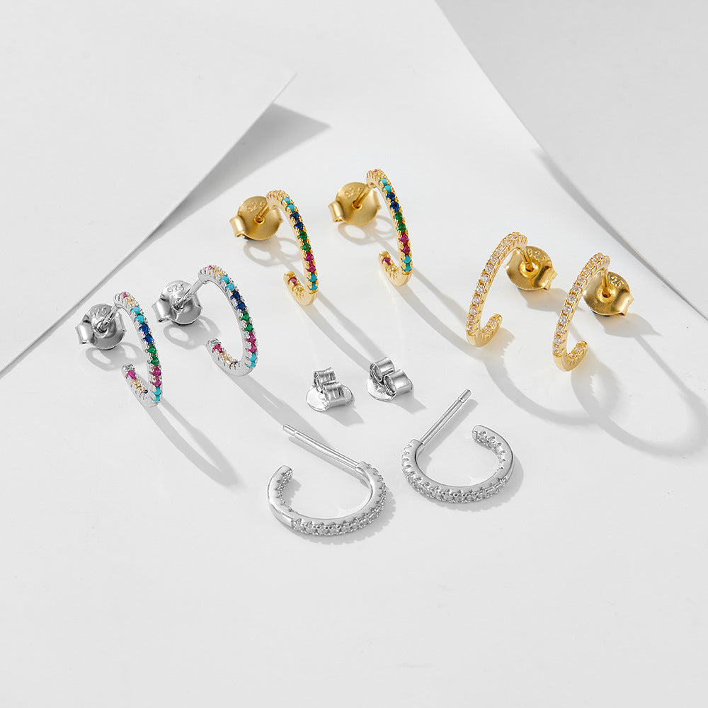 S925 Sterling Silver Slightly Inlaid Colored Zircon C-Shaped Earrings,