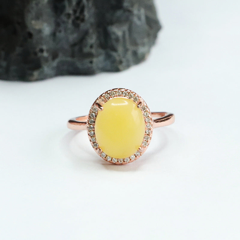 Amber and Zircon Sterling Silver Halo Ring with Adjustable Diameter