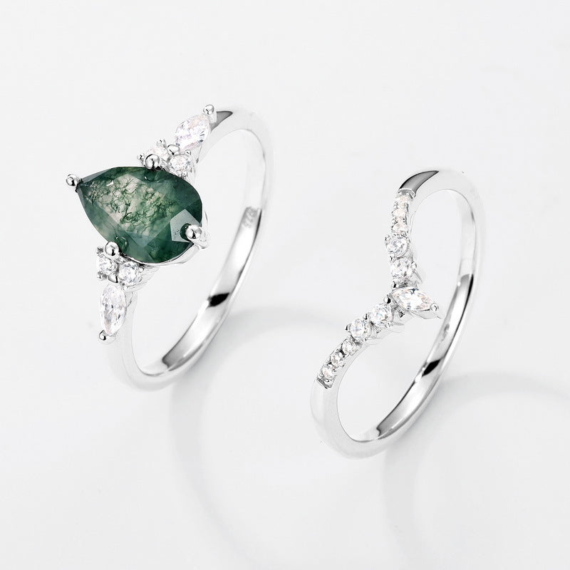 Planderful Jewelry Green Moss Agate Water Drop Ring In Sterling Silver V Shape For Elegant Stacking Set