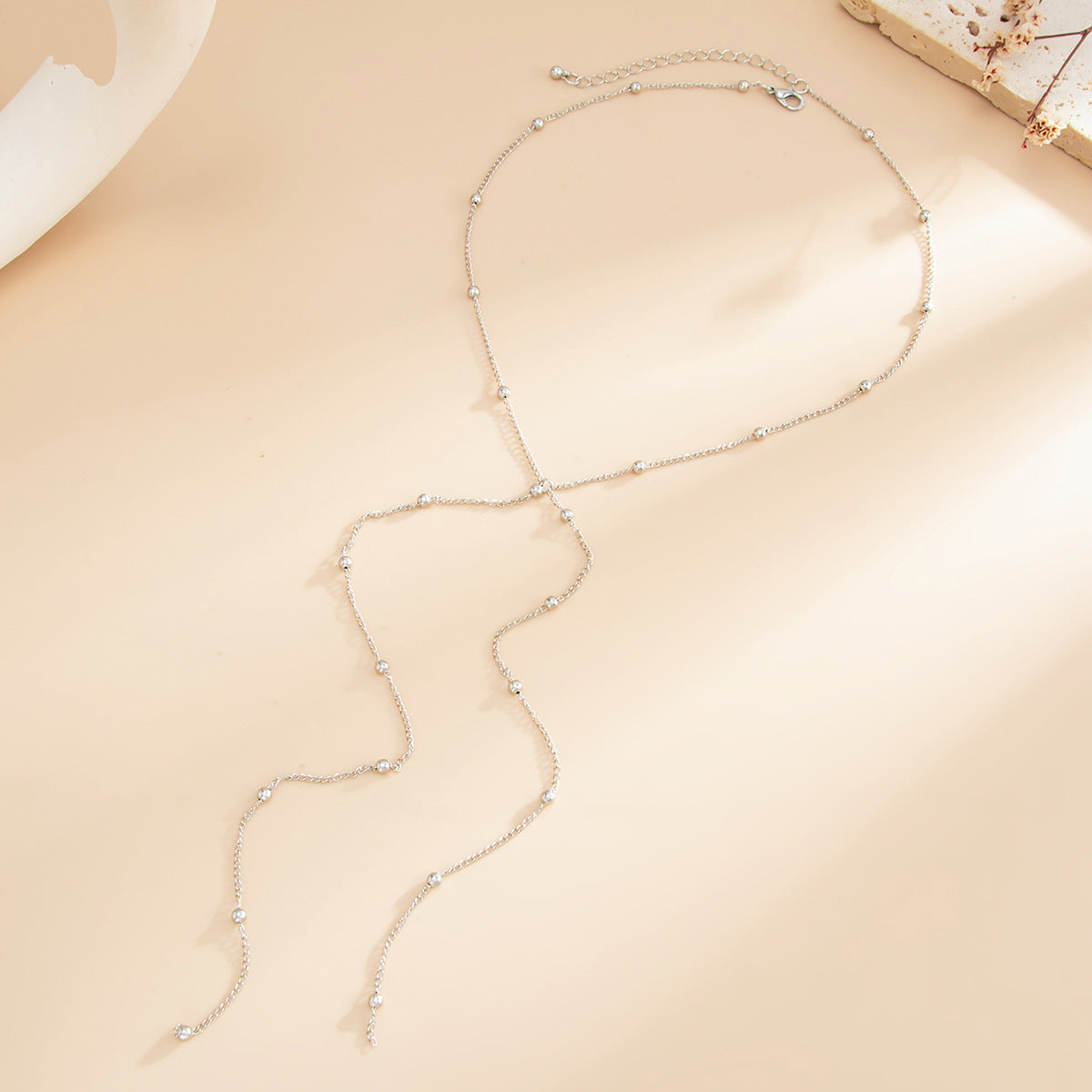 Square Zircon Y-Shaped Neck Chain Fringed Fine Chain Collarbone Necklace Round Bead