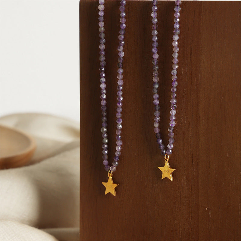 Golden Star Pendant Necklace with Tianhe Stone Beads - Handcrafted Titanium Steel Jewelry