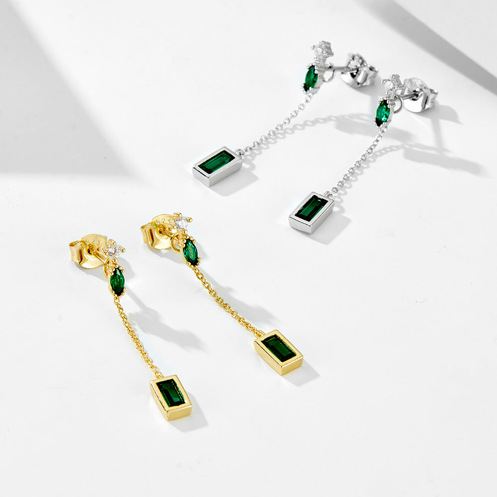 Planderful Emerald Zircon Earrings S925 Sterling Silver Long Chain Fringe For Women Elegant Luxury