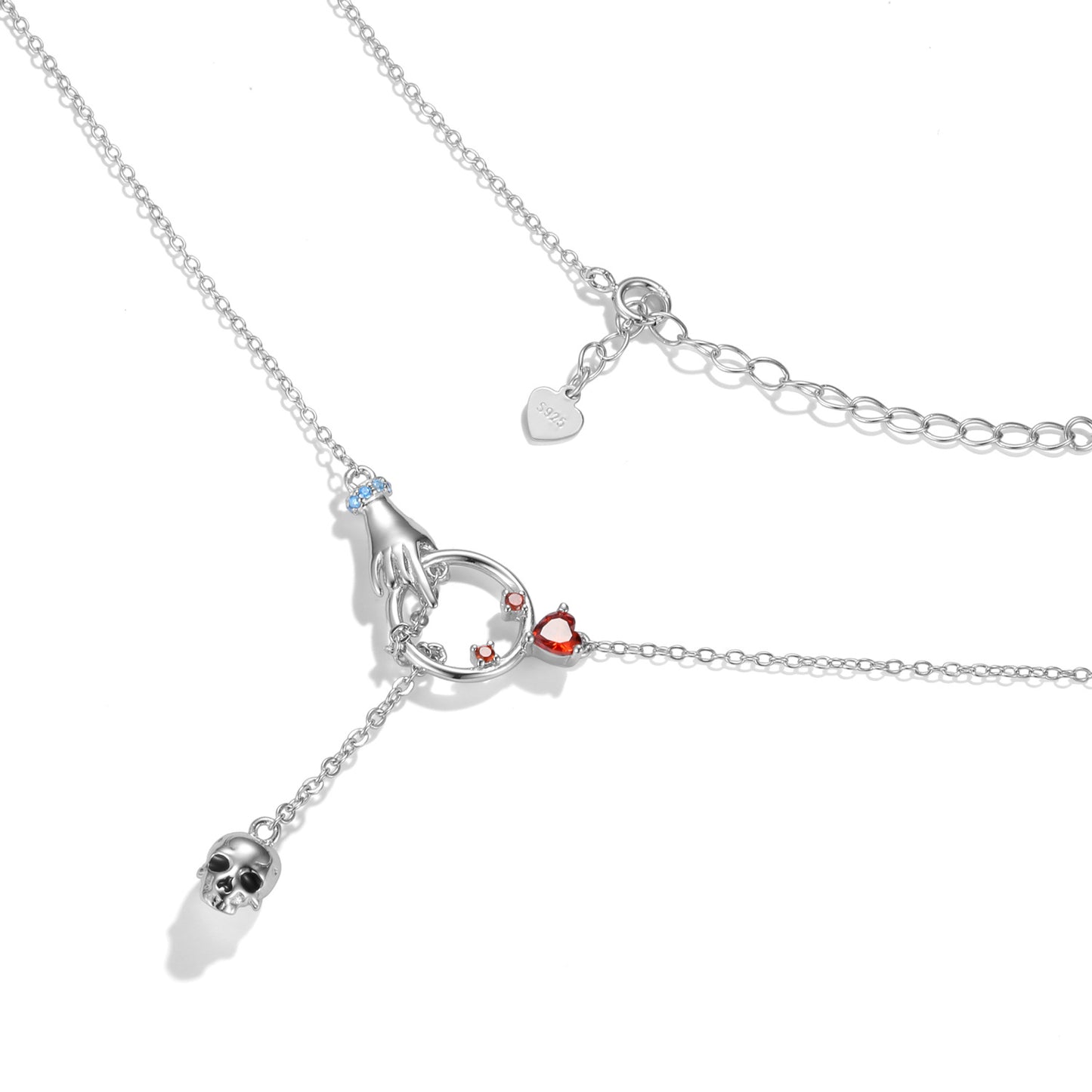 Halloween Hand Hook Circle Pendant with Red Zircon Tassel Skull Silver Necklace