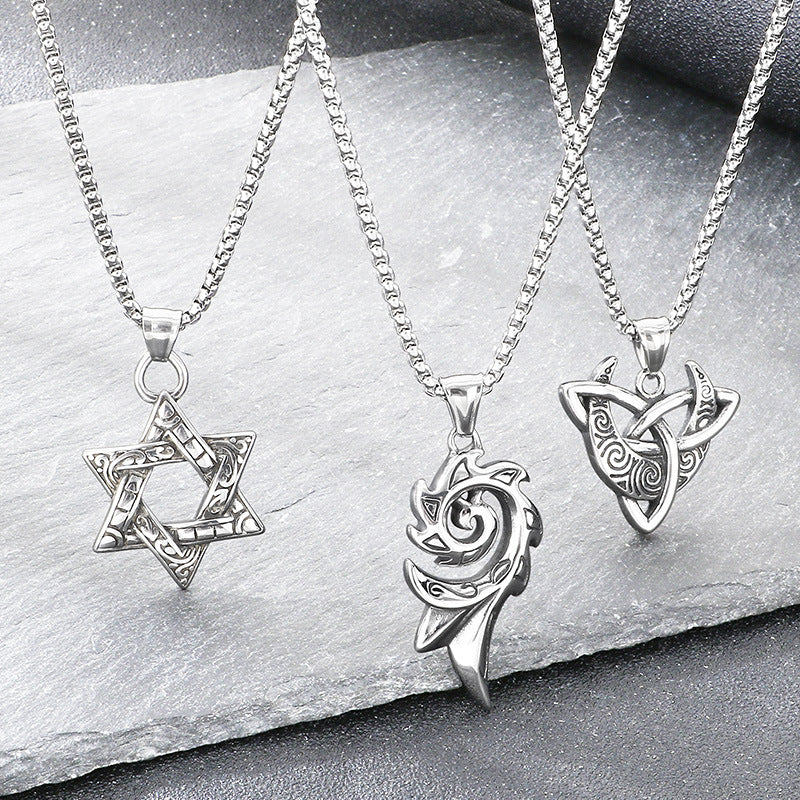 Mythical Moon Celtic Knot Amulet Phoenix Flame Hexagram Titanium Steel Men's Pendant Necklace