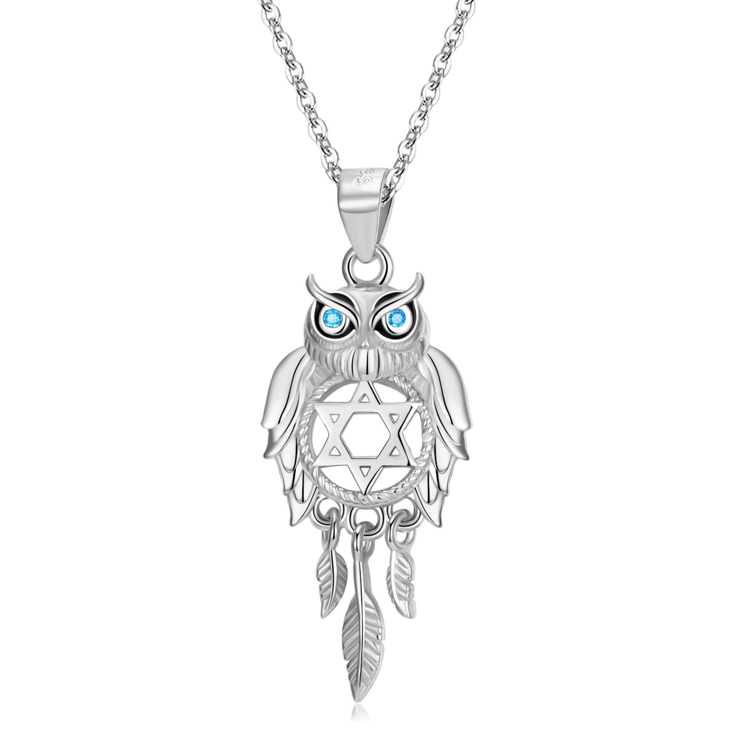 Owl hollow Dream Catcher with blue Zircon Silver Pendant