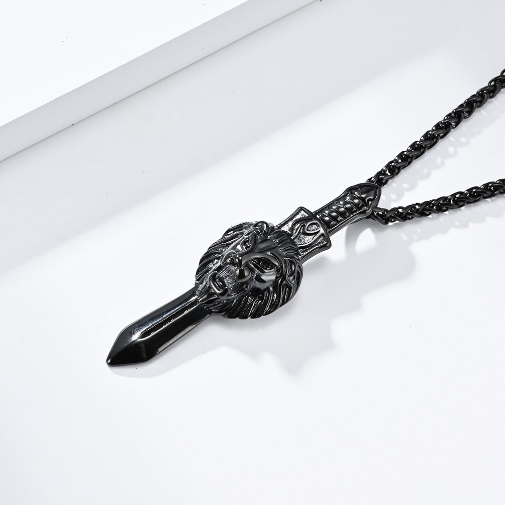 Cross-Border Retro Lion Head Longsword Necklace for Men