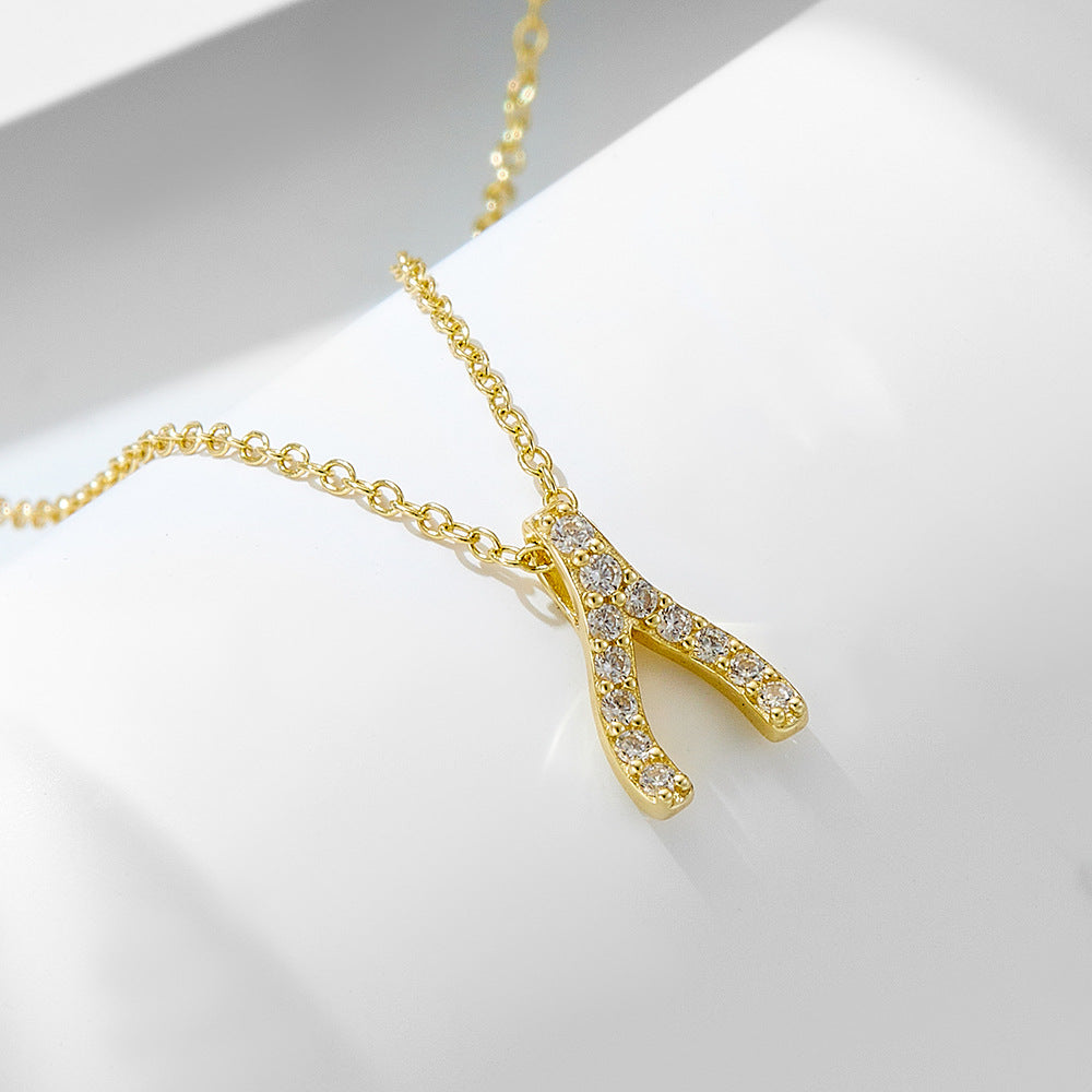 Korean Version Inlaid Zircon Necklace Geometric Herringbone Pendant S925 Sterling Silver Wishing Bone Women