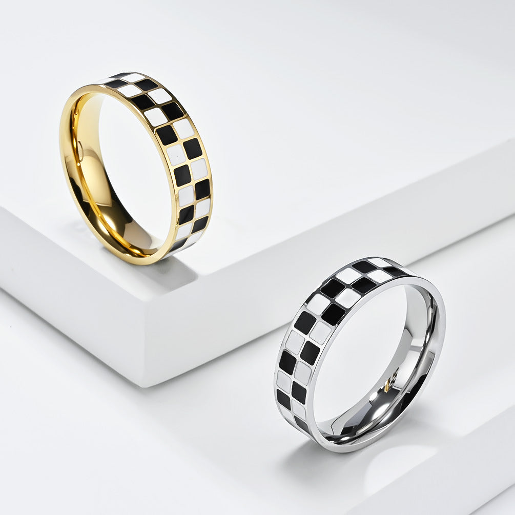 European And American Fashion Black And White Checkerboard Stainless Steel Tail Ring Women's Square Fashion Jewelry