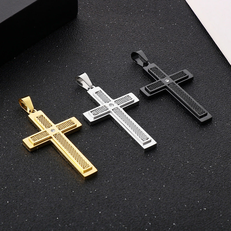 Street Pendant, Zircon Double-Layer Mesh Cross Stainless Steel Man Pendant Necklace