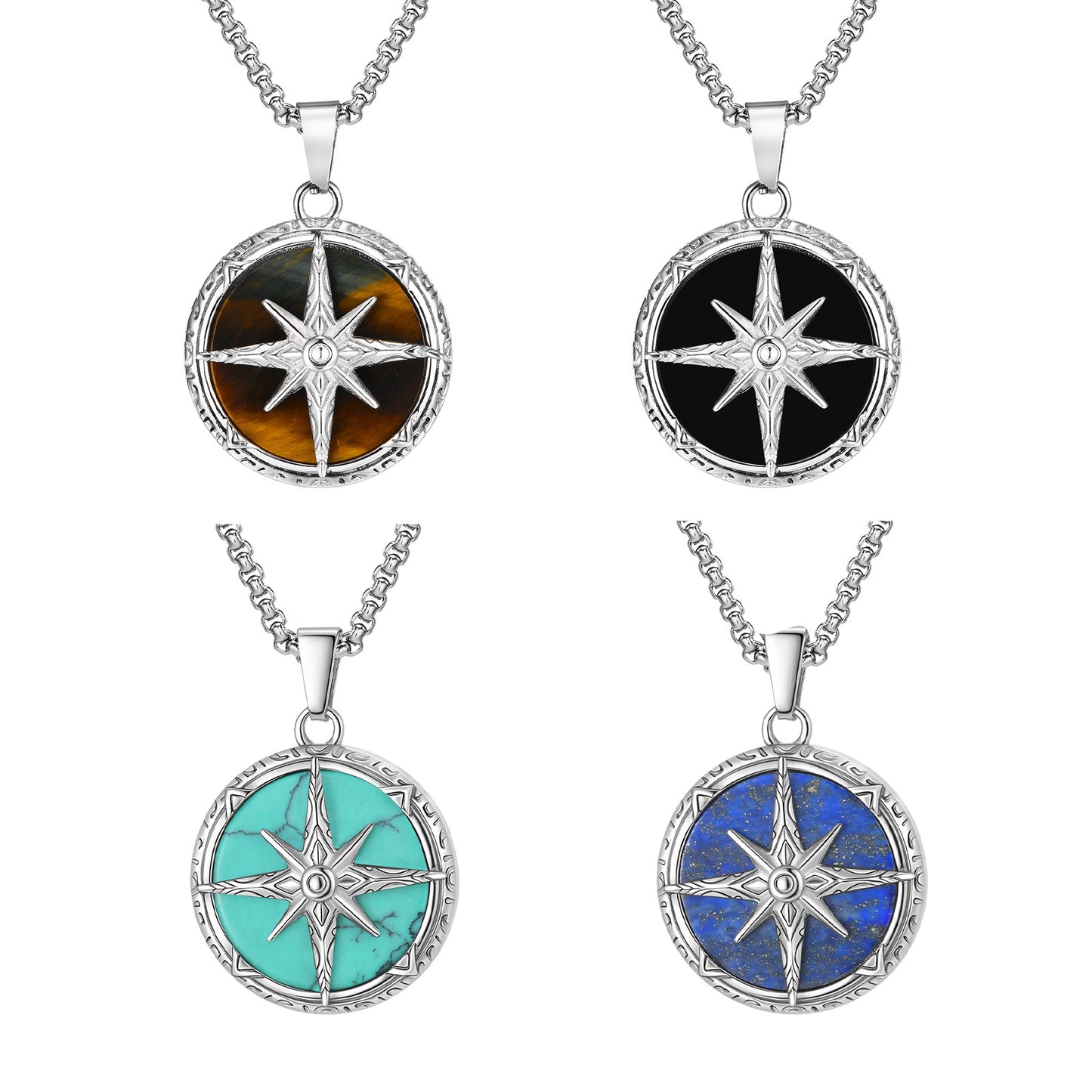 Planderful Bold Steel Tiger's Eye Octagram Pendant For Men