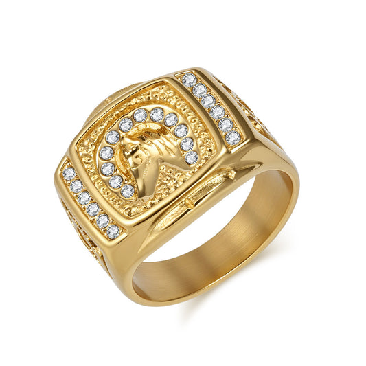 Planderful Retro Hip Hop Horse Head Ring Titanium Steel Plated 18K Gold With Zircon For Men