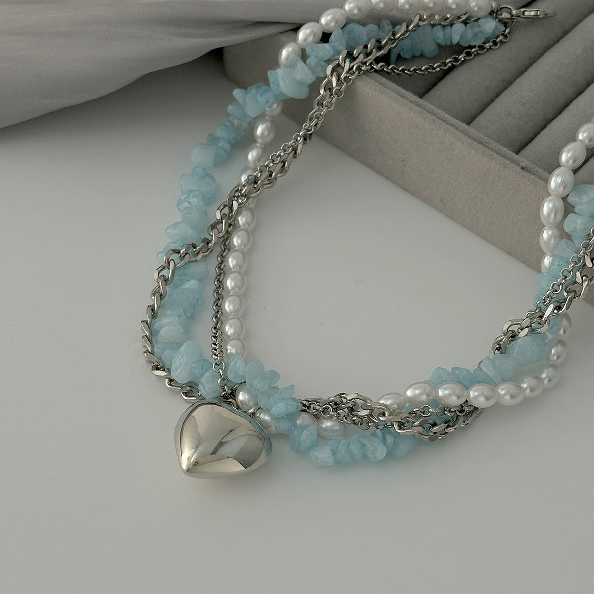 Blue Stone Pearl Heart Wrap Necklace