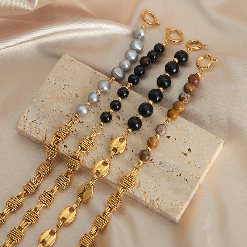 Luxury Handmade Brass Freshwater Pearl and Black Agate Bracelet