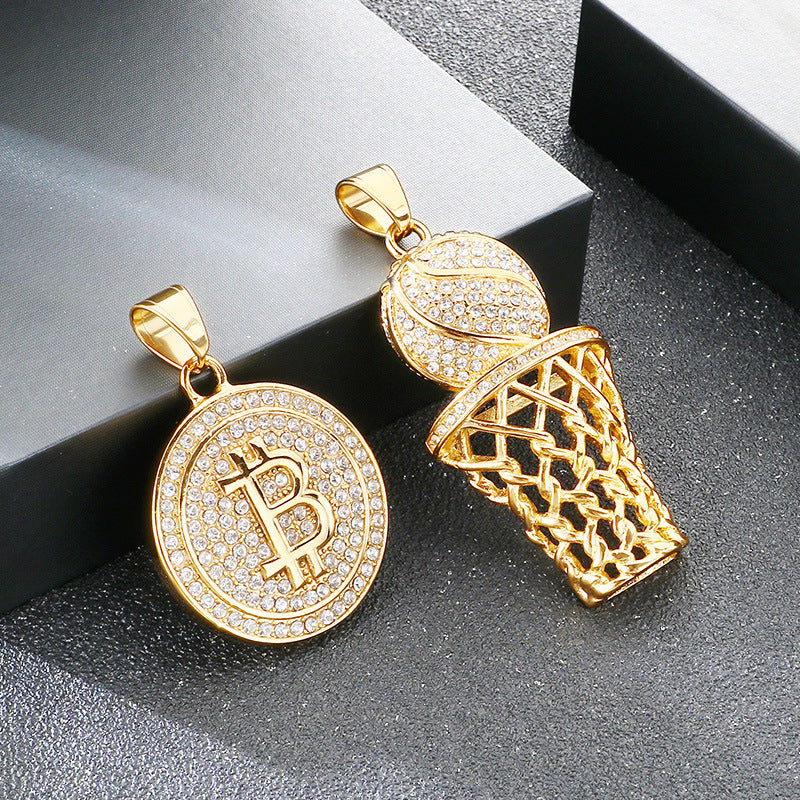 Full Of Zircon Ancient Roman Coins Round Pendant, Hip Hop Hiphop Sports Basketball Necklace